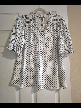 Adrianna Papell White Blouse with Black Polka Dots.  NWT